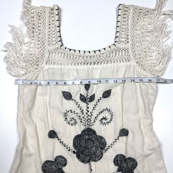 Free People Cotton Linen Embroidered Crochet Fringe Hippy Boho Dress, Sz. 8 - Picture 9 of 13